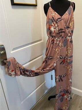 Active USA Mauve Floral Wrap-Front Wide-Leg Jumpsuit Size Small New